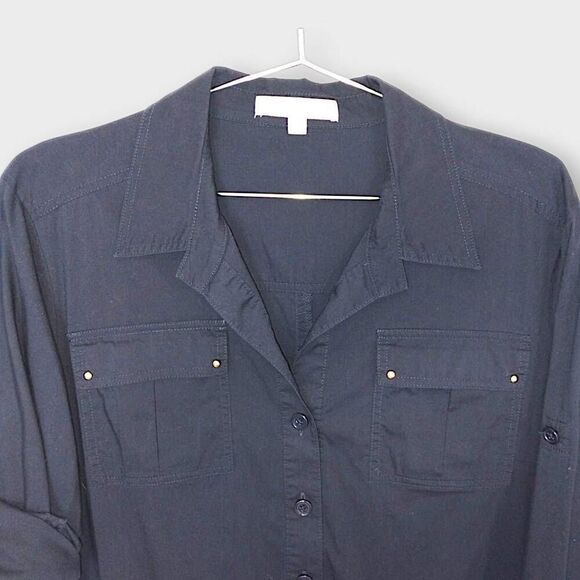 Ellen Tracy Shirt Dress Sz 14 Navy Tab Sleeves Gold Metal Button Front Lagenlook - Picture 8 of 9
